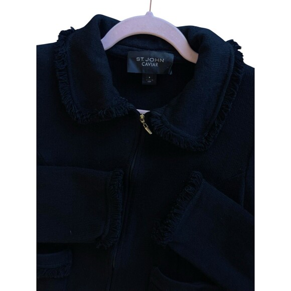 ST. JOHN CAVIAR KNIT FULL ZIP WOMENS FRINGED BLAZER BLACK CLASSY SZ 6 POCKETS - Picture 11 of 16